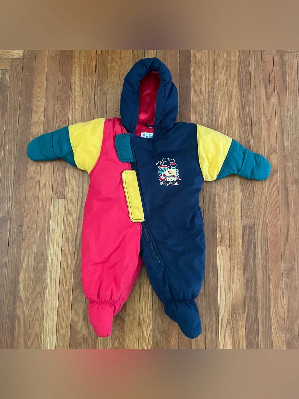 Colorblock Vintage Baby Snowsuit with Train Embroidery - Red, Navy, Yellow, Teal